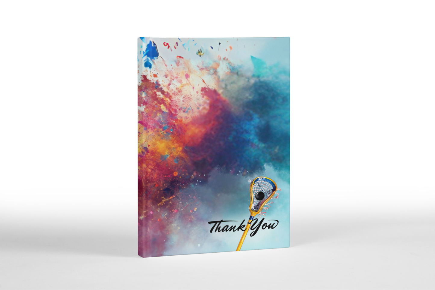 Custom lacrosse coach thank-you gift book with lacrosse sticks on the cover and team appreciation notes inside.